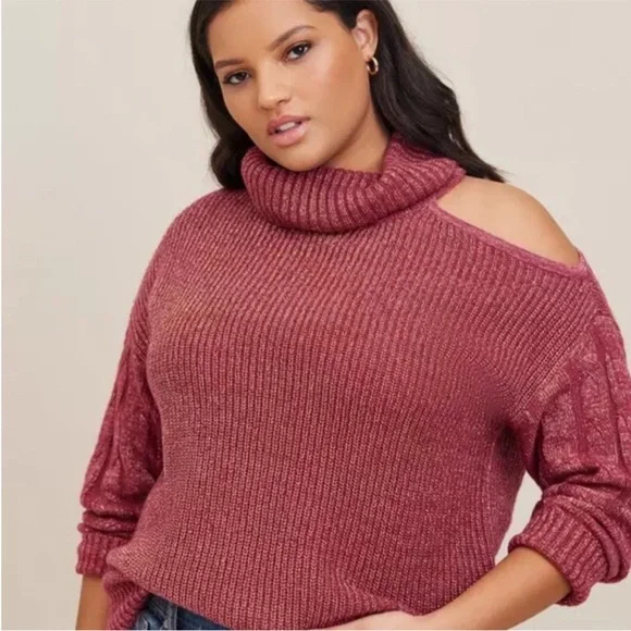 Torrid Maroon Metallic Cable Knit Pullover Cold Shoulder Sweater Size 1X - Picture 3 of 11